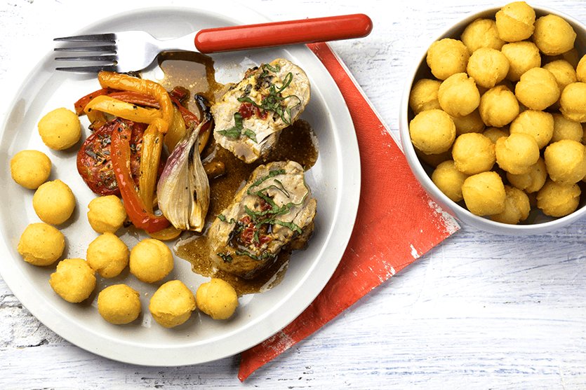 Varkenshaasje met gedroogde tomaten en pijnboompitten