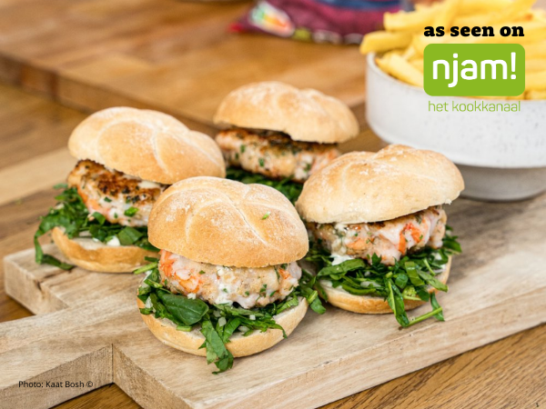 Scampiburger met frietjes